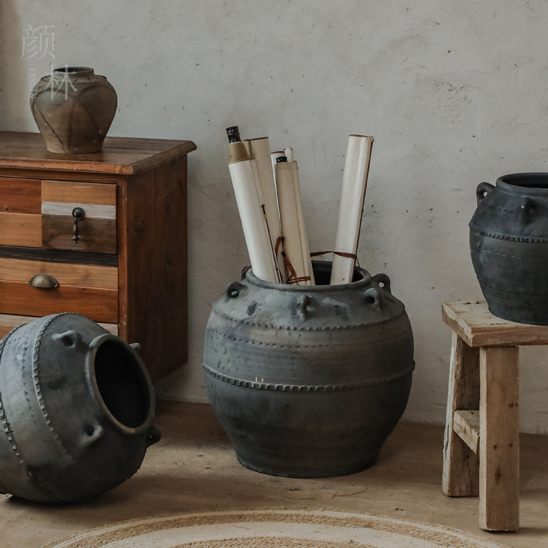 Round Clay Pot with Handles, Antique-Style Old Pot Ornament, Homestay Decoration, Clay Pot Art, Vintage Courtyard Urn