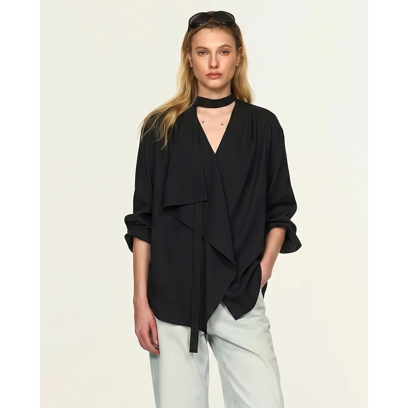Sanji Refreshing Niche Irregular Ribbon Top 2026 Summer New Thin V-Neck Long-Sleeved Black Shirt for Women Sanji Refreshing Niche Irregular Ribbon Top 2026 Summer New Thin V-Neck Long-Sleeved Black Shirt for Women