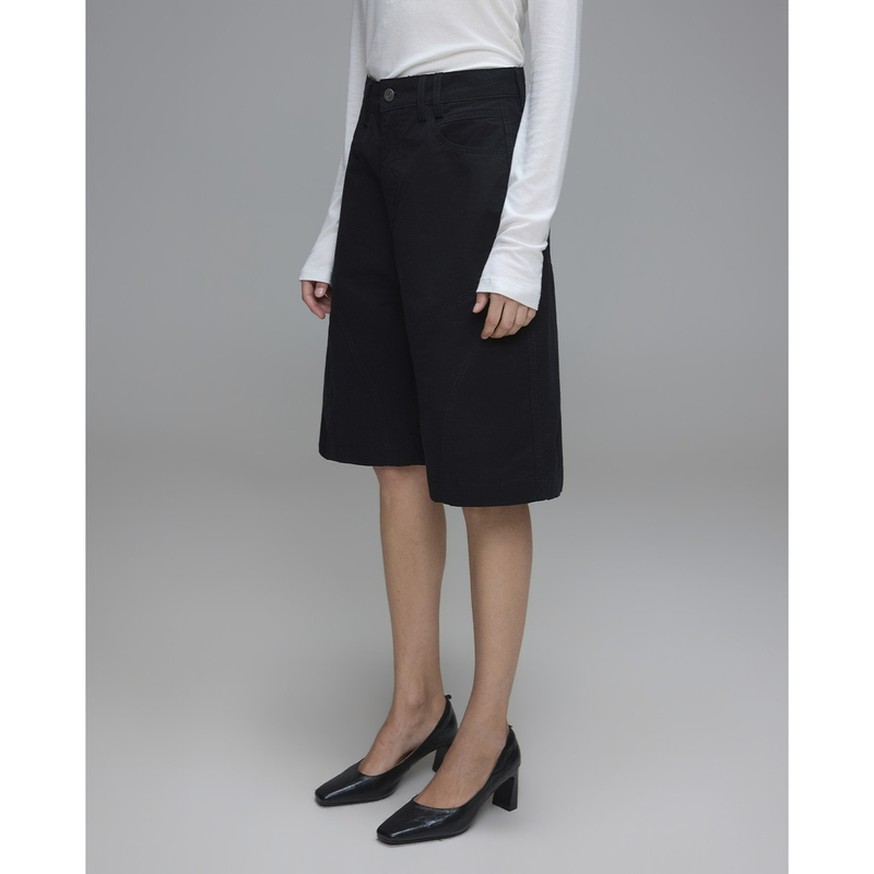 Sanyi Summer Relaxed Black Wide-Leg Mid-Length Shorts for Women, Patchwork, Structured, Stylish, Slimming Five-Point Shorts
