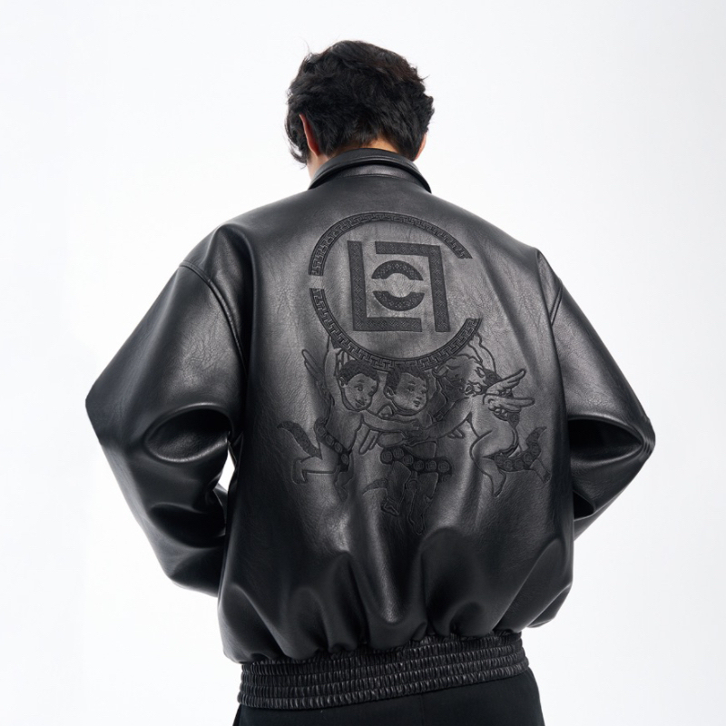 Authentic Edison Chen X Masiwei Black Soul Embroidered Motorcycle Leather Jacket Thickened Coat for Men and Women Trendy