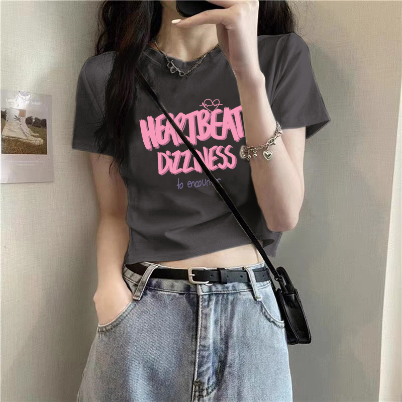2025 New Summer Gray Slimming Loose Short Pure Cotton Top for Women, French Style Hot Girl Crop Top Short-Sleeve T-Shirt