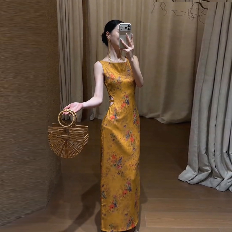 2026 Summer New Chinese Style Retro Printed Xiangyun Silk Dress Women's Light Luxury High-Quality Sleeveless Tank Dress Long Dress