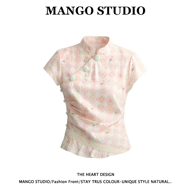 Pink Printed Button-Down Stand-Collar Short-Sleeve Shirt, Sweet New Chinese-Style Improved Cheongsam, Pleated Waist-Cinching Lace Short Top