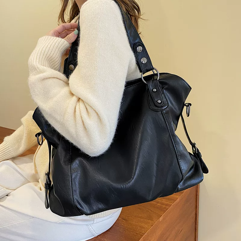 [Большая черная женская сумка через плечо большого размера casual tote]