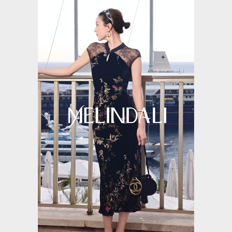 Melinda Li【Oriental Flower Goddess】New Chinese-Style Mulberry Silk Velvet Gold-Embroidered Cheongsam Bias-Cut Dress