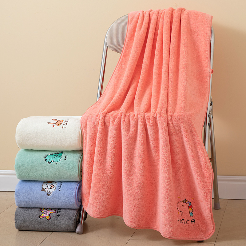 Bath Towel for Adults, Coral Velvet Thickened Edge-Stitched Embroidered Absorbent Beach Towel, Household Cartoon Embroidered Children's Bath Towel