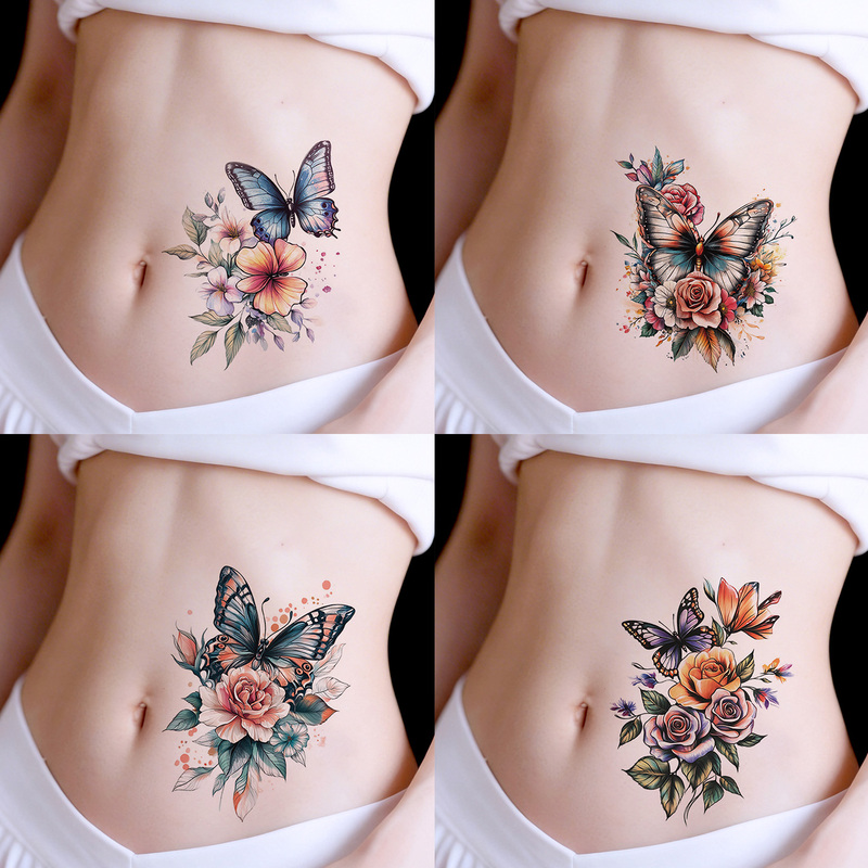 Colorful Tattoo Stickers Are Waterproof and Long-Lasting for Men and Women to Cover Scars, Butterfly Florals, Lower Abdomen, Artistic Temporary Tattoos