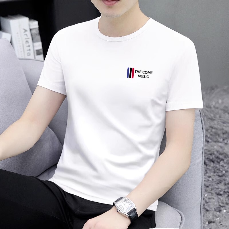 Brand Three-Stripe Ice Silk White Short-Sleeve T-Shirt for Men, Trendy Summer Thin Pure Cotton Versatile Men's T-Shirt