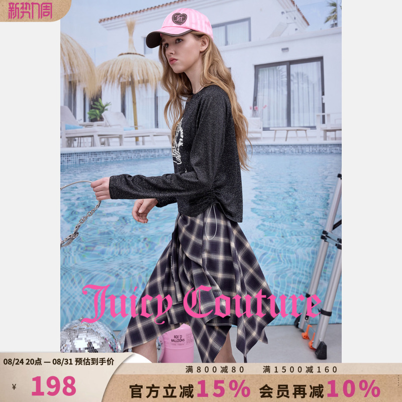 Juicy Couture T-Shirt for Women 26 Spring and Summer New Style Black and Gray Printed Drawstring Long-Sleeved Bottoming Top Juicy Couture T-Shirt for Women 26 Spring and Summer New Style Black and Gray Printed Drawstring Long-Sleeved Bottoming Top