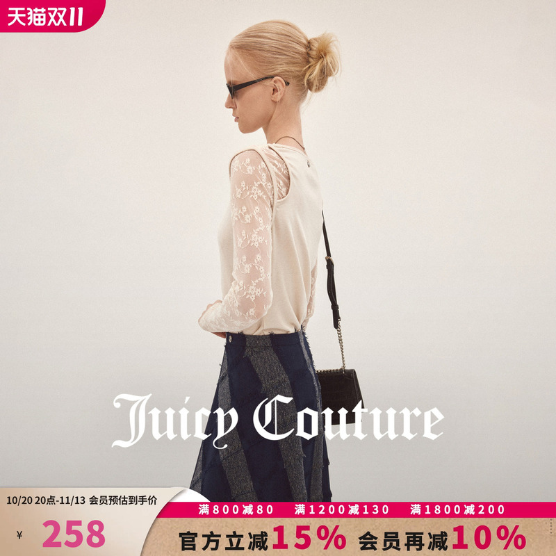 Juicy Couture T-Shirt for Women 26 New Autumn Style Lace Mesh Splicing Round Neck Long-Sleeved Top Juicy Couture T-Shirt for Women 26 New Autumn Style Lace Mesh Splicing Round Neck Long-Sleeved Top
