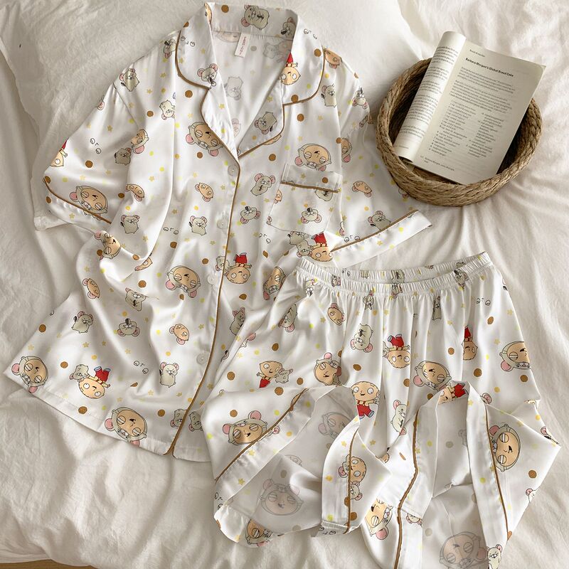 Dumpling Pajamas for Women 2026 New Summer Style Funny Family Ice Silk Smooth Luxury Cool Short-Sleeve Pants Loungewear