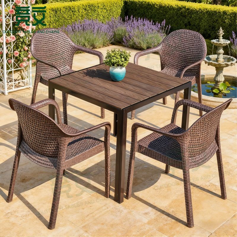 Outdoor Tables and Chairs, Courtyard Plastic Wood Imitation Rattan Chairs, Waterproof and Sun-Proof, Balcony Outdoor Garden Leisure Terrace Table and Chair Set
