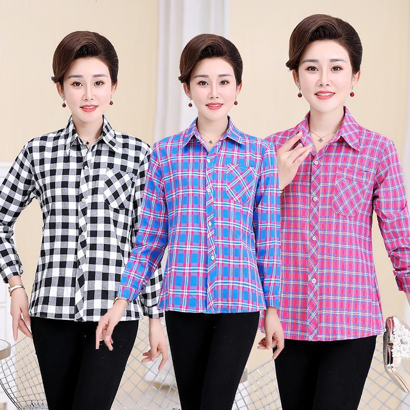 Middle-Aged and Elderly Women's Spring and Autumn Clothing, Women's Loose Large Size Long-Sleeved Slim Cotton Plaid Shirt, Women's Jacket, Summer Wear