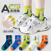 (Five Pairs) Boys Spring and Summer Middle and Large Children Cotton Socks Boys Elementary School Mesh Basketball Sports Cat Home