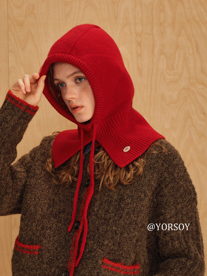 High-Quality 100% Merino Wool Balaclava Hat Red Autumn and Winter Shawl Knitted Ear Protection Woolen Hat