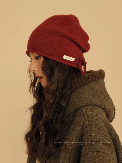 Vintage Ancora Red New Year Premium Pure Wool Slouchy Beanie for Women Winter Knitted Wool Hat with Ear Protection and Head Covering