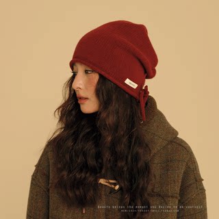 Vintage Ancora Red New Year Premium Pure Wool Slouchy Beanie for Women Winter Knitted Wool Hat with Ear Protection and Head Covering