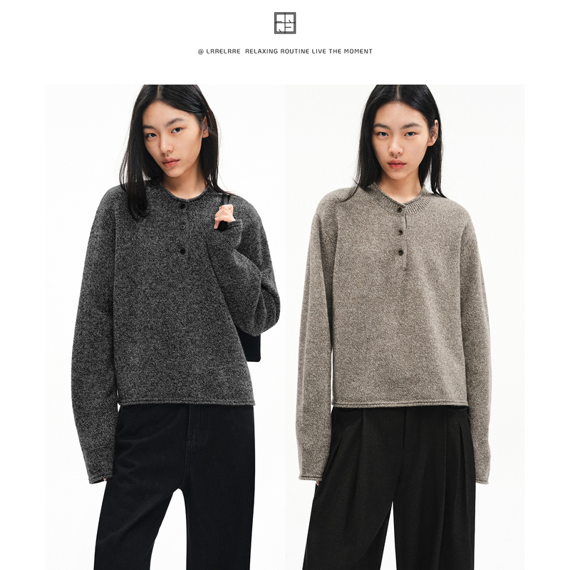 Lrre Australian Wool Blended Yarn Lazy Natural Rolled Edge Vintage Henry Collar Loose Drop Shoulder Knitted Sweater for Women 1171 Lrre Australian Wool Blended Yarn Lazy Natural Rolled Edge Vintage Henry Collar Loose Drop Shoulder Knitted Sweater for Women 1171