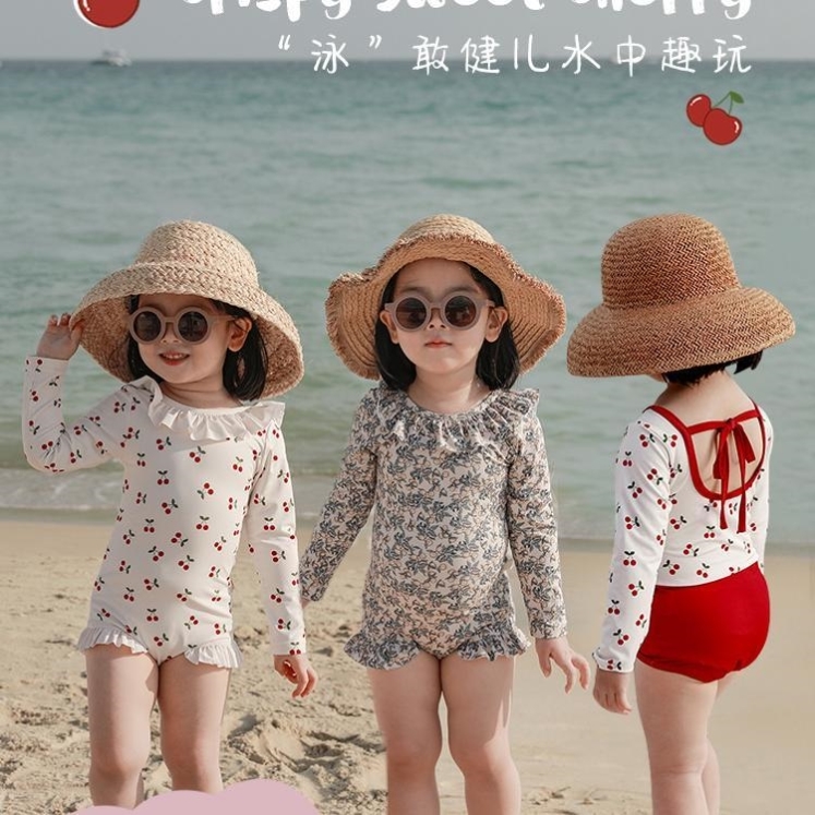 2023 Spring Children Conjoined Swimsuit Girl Cute Cartoon Baby Net Red Wind Long Sleeve Out Beach Clothes Tide