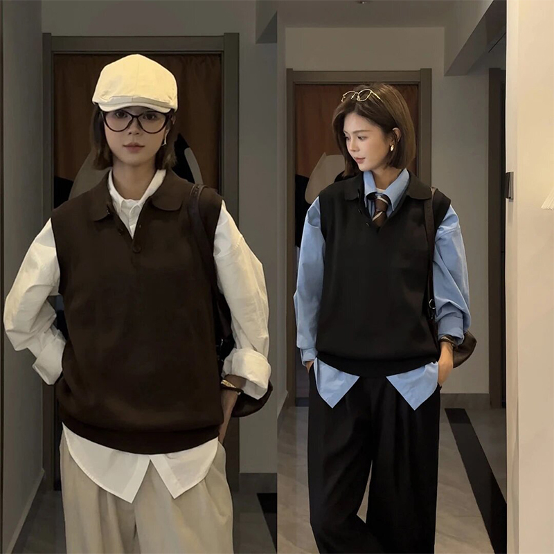 Korean Style Casual Polo Collar Knitwear Fashionable Vest Autumn and Winter Niche Melard Dark Brown Sweater Vest Waistcoat