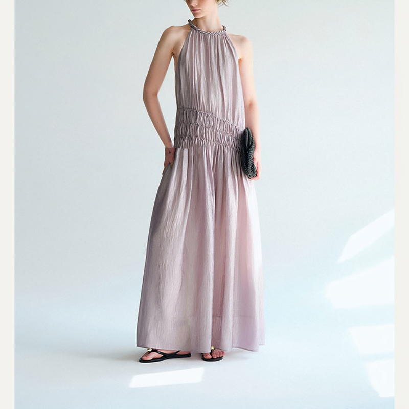 2026 Summer High-End Cool Pearlescent Acetate Pleated Handmade Braided Halter Neck Sleeveless Dress