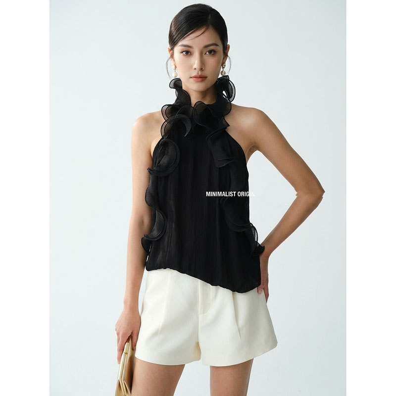Summer Soft Mist Petal Series Heavyweight Cupro Blend Sophisticated 3D Lace Halter Neck Sleeveless Top Shirt
