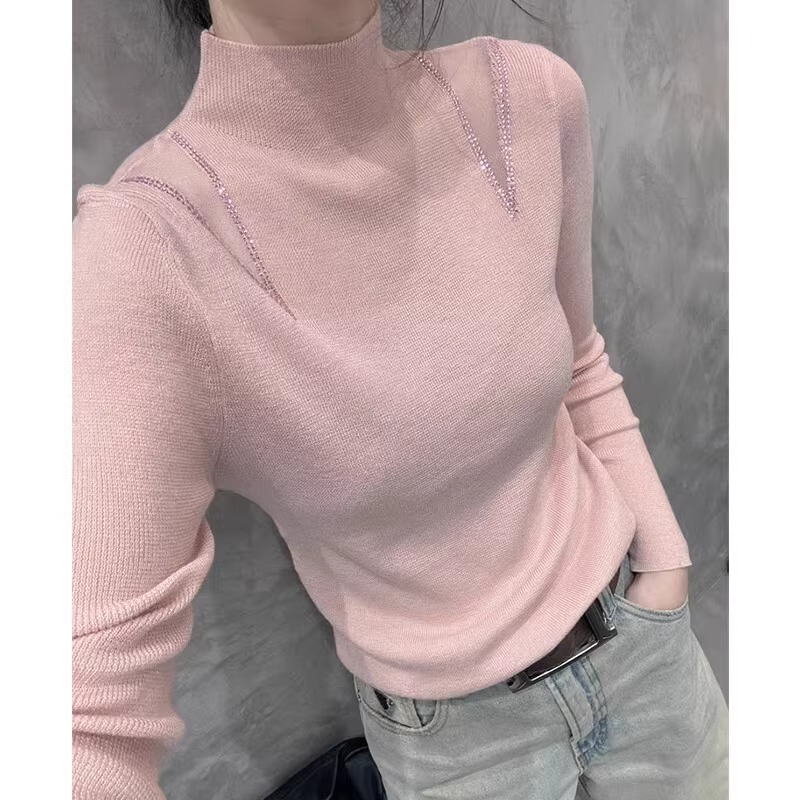 Autumn and Winter New Alpaca Wool Mesh Rhinestone Knitted Sweater, Age-Reducing Sweater, Base Layer for Women, Soft and Versatile Top