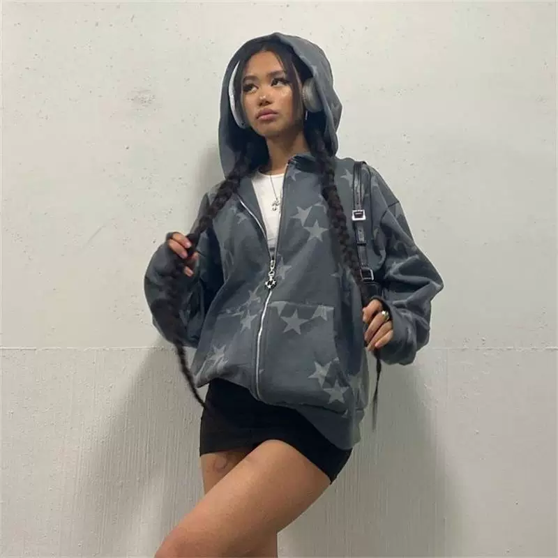 Джуфть Vintage Star Pattern Hoodie Women Men Fairy Grunge Long Sleeves