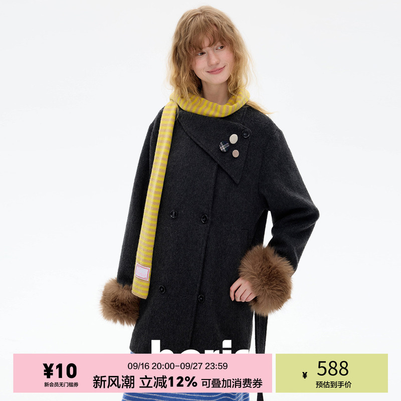 「Heris」50% Wool Preppy Scarf Collar Woolen Button Embellishment Tie-Up Woolen Coat for Autumn and Winter 「Heris」50% Wool Preppy Scarf Collar Woolen Button Embellishment Tie-Up Woolen Coat for Autumn and Winter