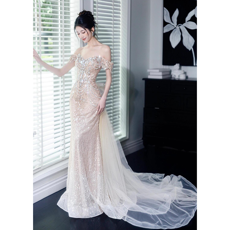 One-Shoulder Evening Dress for Women, High-End, Elaborate Bridal Engagement Dress, Toast Dress, High-End Light Luxury Banquet Host Dress One-Shoulder Evening Dress for Women, High-End, Elaborate Bridal Engagement Dress, Toast Dress, High-End Light Luxury Banquet Host Dress