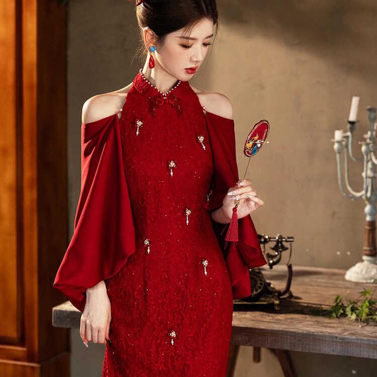 New Chinese-Style Cheongsam Toast Dress 2026 New High-End Burgundy Morning Gown for Women Bride Engagement Wedding Dress