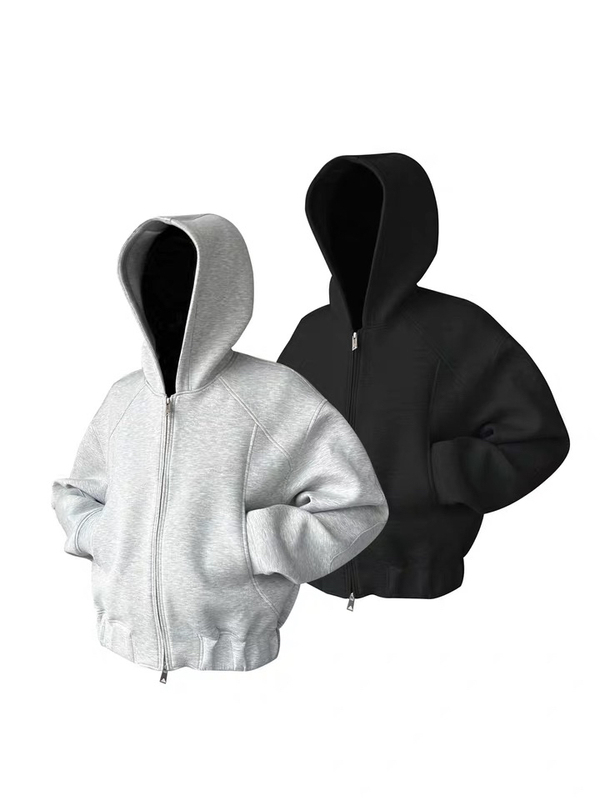 American High Street Heavyweight 460g Short Hooded Sweatshirt for Men, Trendy Brand New Style with Segmented Lines and Silhouette Zipper Jacket