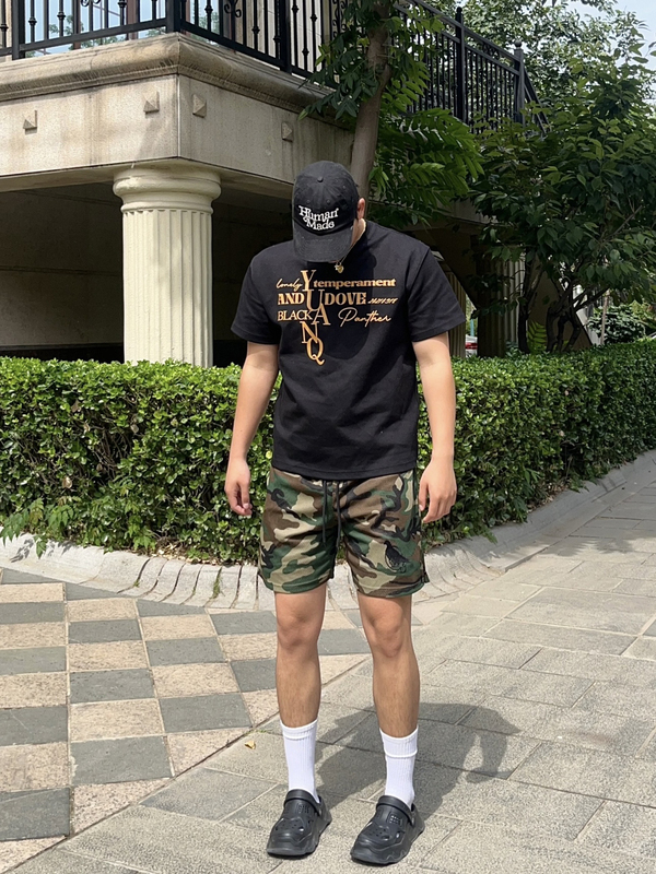 American-Style Camouflage Double-Layer Mesh Breathable Drawstring Shorts for Men, Embroidered, Knee-Length, Casual Sports Versatile Quarter Pants for Summer