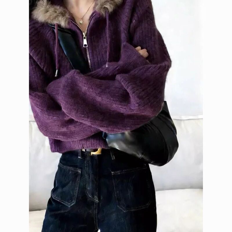Fashionable and Lazy Style Half-Zip Large Lapel Sweater for Women 2026 New Autum Style Purple Fur Collar Warm Knitwear Fashionable and Lazy Style Half-Zip Large Lapel Sweater for Women 2026 New Autum Style Purple Fur Collar Warm Knitwear