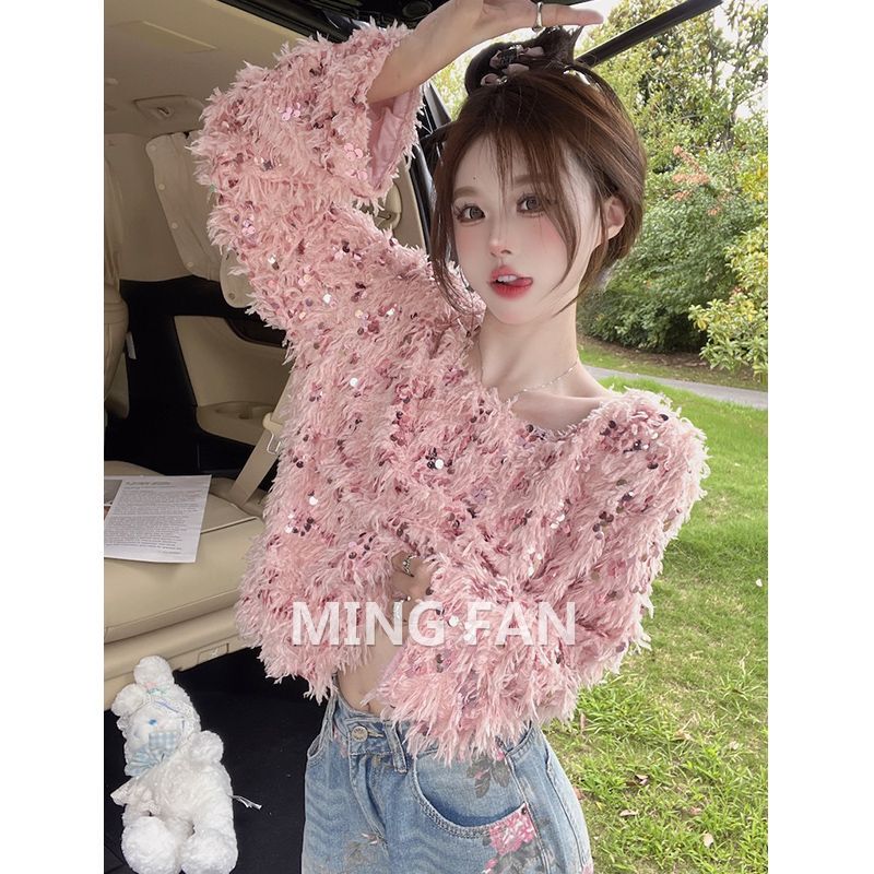 Women's Clothing Spring, Autumn, and Winter New Style Sequined Loose Feather Sweater with a High-End Feel and Unique Design Trendy Top