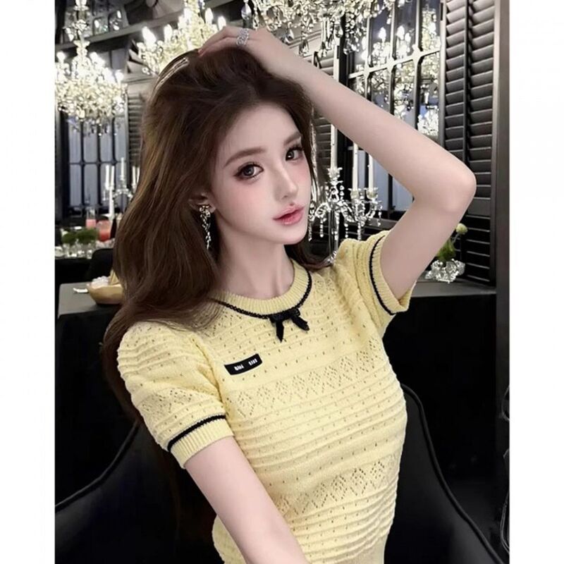 2026 Summer Yellow Hollow Crochet Knit Top for Women, French Style with Contrasting Edges and Bow, Elegant Blouse for Women 2026 Summer Yellow Hollow Crochet Knit Top for Women, French Style with Contrasting Edges and Bow, Elegant Blouse for Women