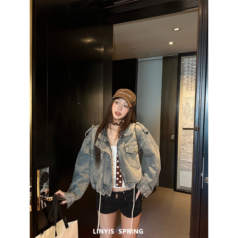 Linyis Motorcycle-Style Retro Washed Heavy-Duty Denim Jacket for Women, New Spring and Autumn Versatile Loose Outerwear Top Linyis Motorcycle-Style Retro Washed Heavy-Duty Denim Jacket for Women, New Spring and Autumn Versatile Loose Outerwear Top