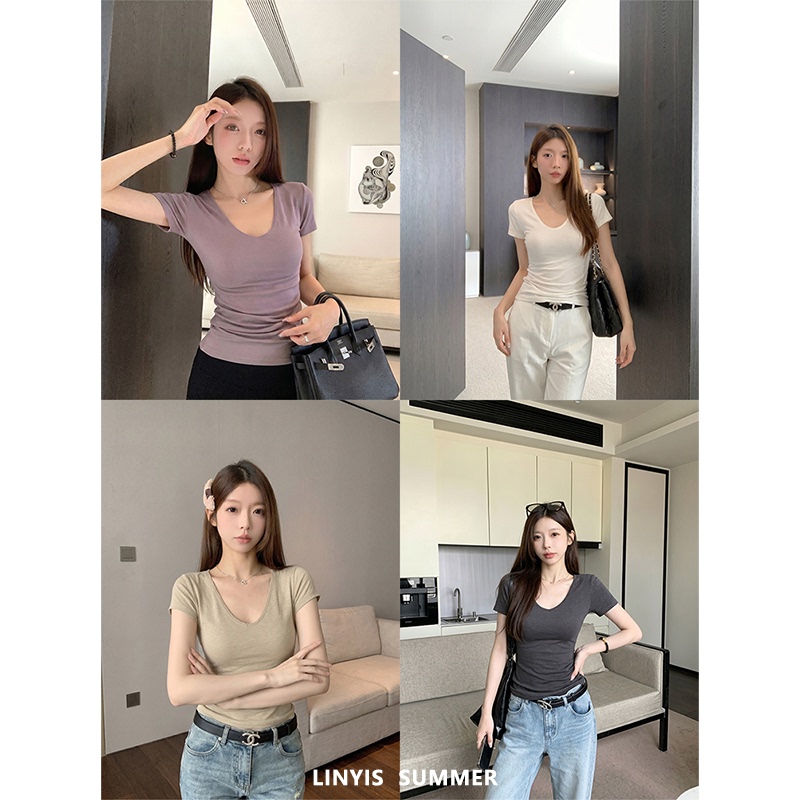 【Oxygen Breathing】Goose Egg Collar Paper Thin V-Neck Short Sleeve T-Shirt for Women 2026 Summer New Slim Basic Top 【Oxygen Breathing】Goose Egg Collar Paper Thin V-Neck Short Sleeve T-Shirt for Women 2026 Summer New Slim Basic Top