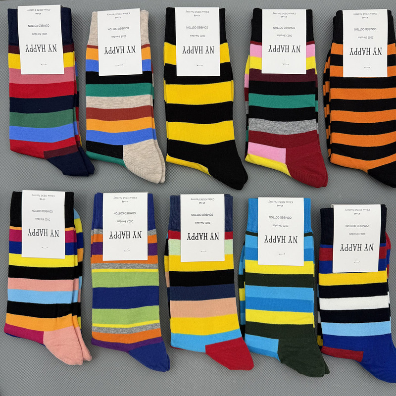Ny Happy Men's Striped Simple Workwear Mid-Calf Socks All-Season Pure Cotton Geometric Pattern Moisture-Wicking Socks