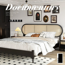 Nordic solid wood rattan bed master bedroom 1 8m retro light luxury double bed modern simple wabi-sabi style black bed rattan bed