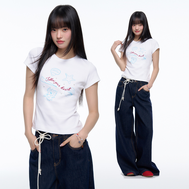 Tgwall Small Square Pattern'Star Shell' Pearl Embroidery Waist-Cinching Slimming Regular Shoulder Short T-Shirt Casual Short-Sleeve Women's Top