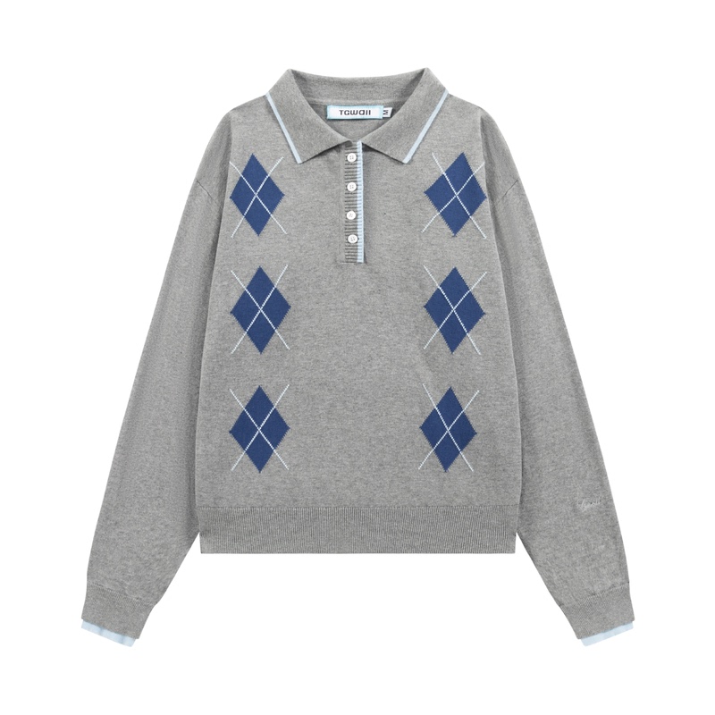 Tgawll "Half-Grid" Faux Two-Piece Patchwork Diamond Jacquard Polo Sweater Pullover Knitted Sweater Top for Women Tgawll "Half-Grid" Faux Two-Piece Patchwork Diamond Jacquard Polo Sweater Pullover Knitted Sweater Top for Women