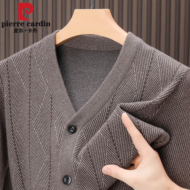 Pierre Cardin High-End Wool V-Neck Cardigan for Middle-Aged and Elderly Men, Autumn and Winter Sweater, Thick Knitted Jacket, Warm