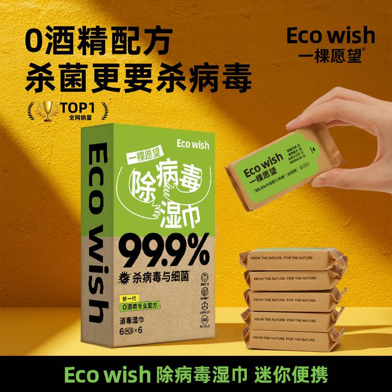 Ecowish Antiviral Wipes 6 Sheets/Pack, 0 Alcohol, Non-Irritating, Kills a and B Flu Viruses, Portable Small Pack