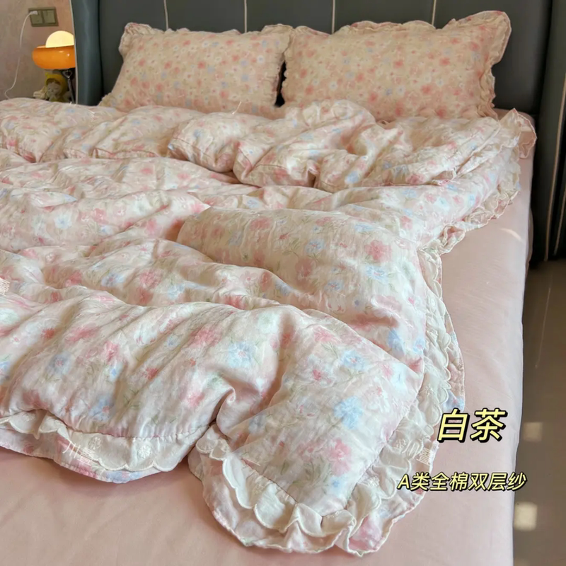 Imported Pure Cotton A-Grade Maternal and Infant Bedding ~ 100% Pure Cotton Double-Layer Gauze Four-Piece Set with Exquisite Lace Pure Cotton Gauze Imported Pure Cotton A-Grade Maternal and Infant Bedding ~ 100% Pure Cotton Double-Layer Gauze Four-Piece Set with Exquisite Lace Pure Cotton Gauze
