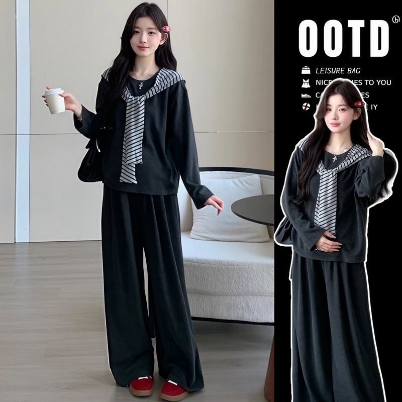Pregnant Women's Outfits ~ Korean Style Lazy-Style Shawl Top, Wide-Leg Pants, Maternity Autumn Outfit Set, Loose Casual Two-Piece Set Pregnant Women's Outfits ~ Korean Style Lazy-Style Shawl Top, Wide-Leg Pants, Maternity Autumn Outfit Set, Loose Casual Two-Piece Set