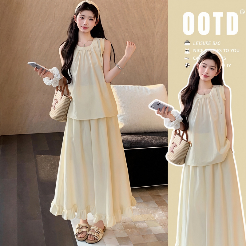 Pregnant Women's Clothing ~ Maternity Clothing Set for Women, Summer Outfit, a Complete Set of Korean-Style Sleeveless Top and Skirt Two-Piece Set