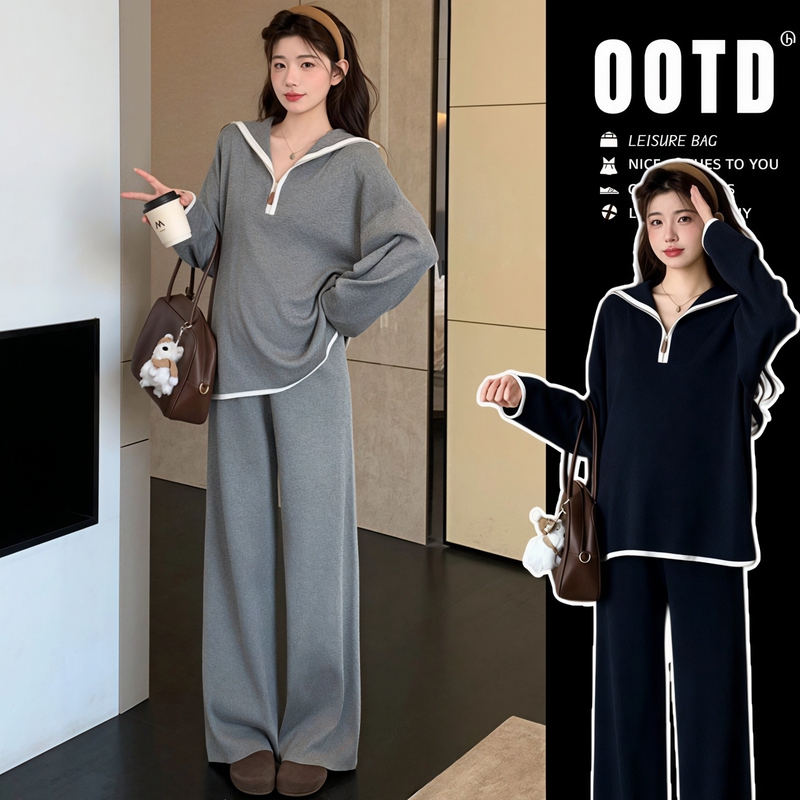 Pregnant Women's Outfits ~ Maternity Autumn Outfit Set with a High-End, Lazy Style, Large Lapel Knit Top and Wide-Leg Pants Two-Piece Set Pregnant Women's Outfits ~ Maternity Autumn Outfit Set with a High-End, Lazy Style, Large Lapel Knit Top and Wide-Leg Pants Two-Piece Set