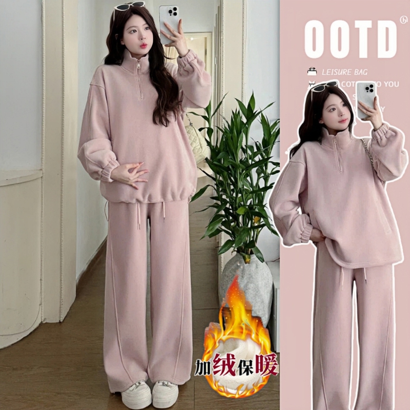 Pregnant Women's Clothing ~ Fleece-Lined and Thickened Maternity Outfit Set, Winter Lazy Style Warm Sweatshirt and Pants, Fashionable Two-Piece Set Pregnant Women's Clothing ~ Fleece-Lined and Thickened Maternity Outfit Set, Winter Lazy Style Warm Sweatshirt and Pants, Fashionable Two-Piece Set