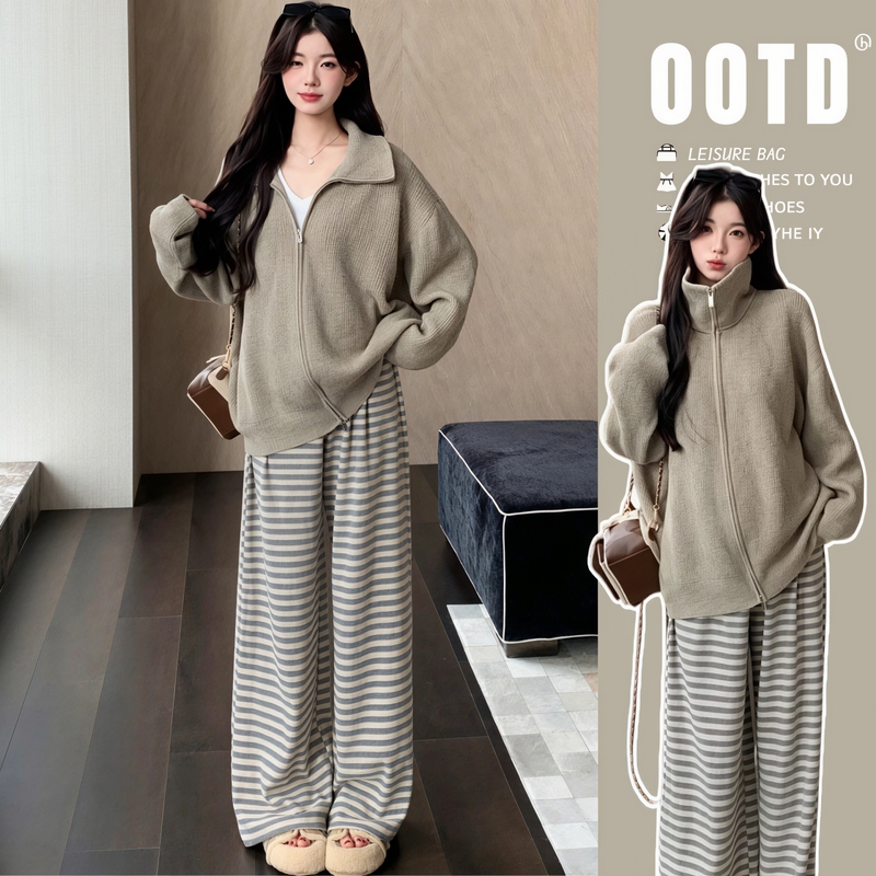 Pregnant Women's Clothing ~ Maternity Wear Autumn and Winter Set Korean Style Lazy Style Sweater Jacket Striped Wide-Leg Pants Three-Piece Set Pregnant Women's Clothing ~ Maternity Wear Autumn and Winter Set Korean Style Lazy Style Sweater Jacket Striped Wide-Leg Pants Three-Piece Set